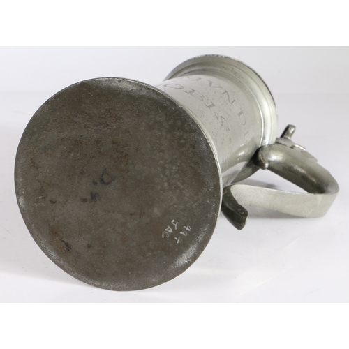 121 - A good and rare Charles I pewter flagon, with rare inscription, circa 1630

 Having a knopped bun li... 