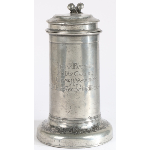 160 - An interesting, documented and large Charles II pewter Beefeater flagon, dated 1683

 The straight-s... 