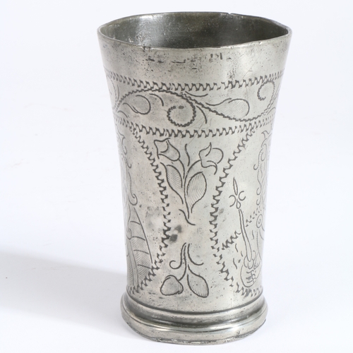 162 - A small late 17th century pewter wrigglework beaker, Dutch, circa 1690

 Decorated with portraits of... 