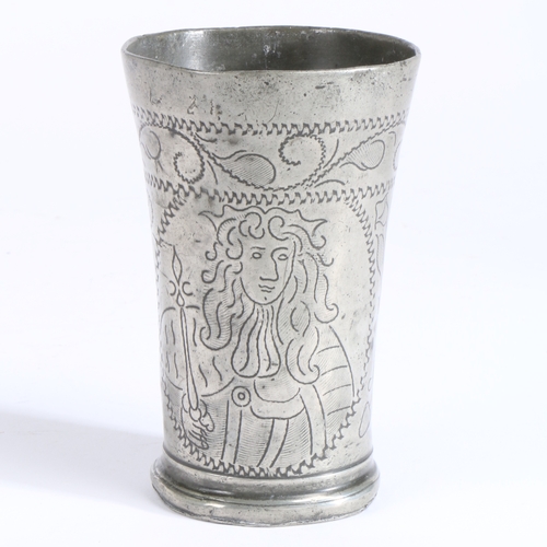 162 - A small late 17th century pewter wrigglework beaker, Dutch, circa 1690

 Decorated with portraits of... 