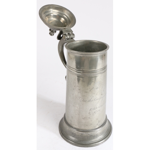 165 - A George III pewter spire flagon, dated 1769

 Having a domed lid with pagoda-type knop, a tear-drop... 