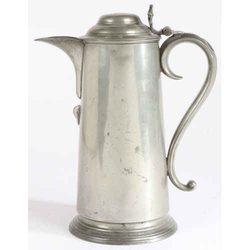 168 - A George III pewter spouted domed-lidded flagon, circa 1790-1820

 Having a plain straight-sided tap... 