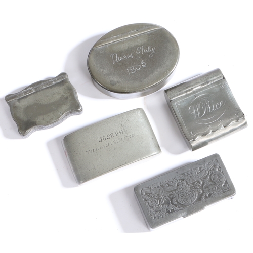170 - A group of five 19th century pewter pocket snuff boxes, English

 To include an oval example, the hi... 
