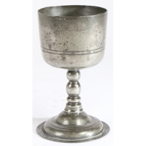 172 - A rare and documented Charles II pewter chalice, circa 1680

 Having a deep bowl with paired low inc... 