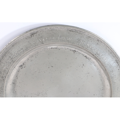 184 - A George III pewter single reed rim dish, Scottish, dated 1790

 The rim engraved ASSOCIATE CONGREG... 