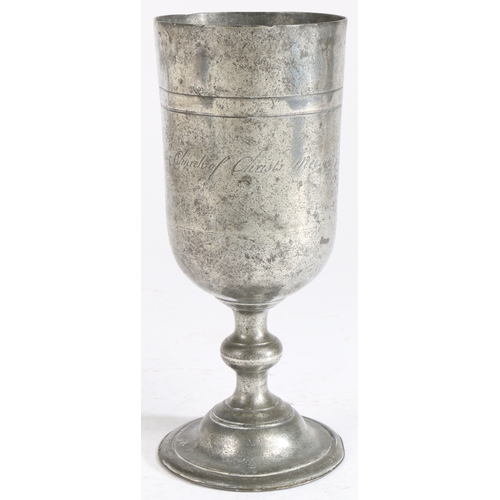 200 - An interesting George II pewter communion cup, dated 1758

 Having an unusually tall cup, with a hig... 