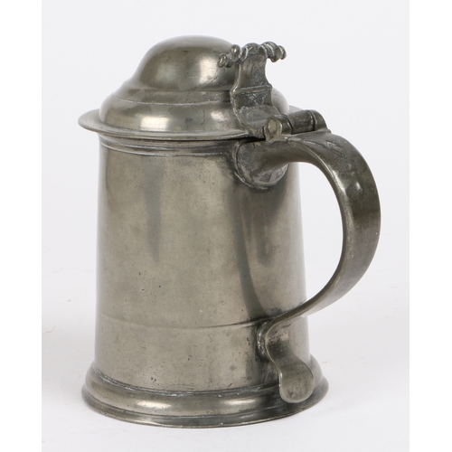 219 - A Queen Anne pewter OEWS quart high domed-lidded tankard, circa 1710

 The straight-sided tapering d... 