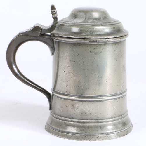 221 - A George III pewter OEAS pint domed-lidded tankard, circa 1800-20

 The straight-sided tapering drum... 