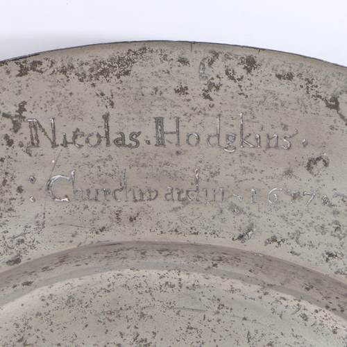 222 - A rare Charles II pewter semi-broad plain rim dish, Worcestershire, dated 1677

 Engraved to the rim... 