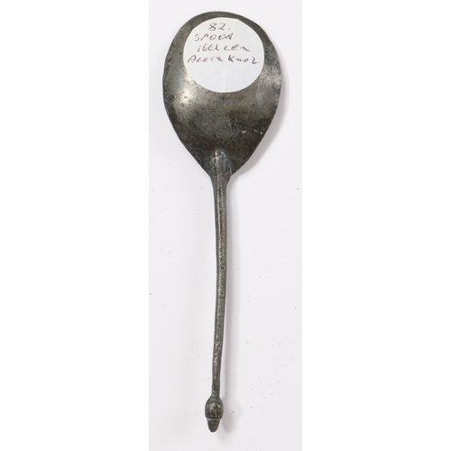 235 - A pewter acorn knop spoon, possibly mid-16th century

 Having a slender hexagonal stem and fig-shape... 