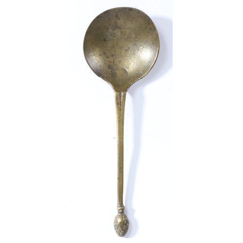 241 - A rare Charles I latten strawberry knop spoon, circa 1640

 The flat tapering stem with central wire... 