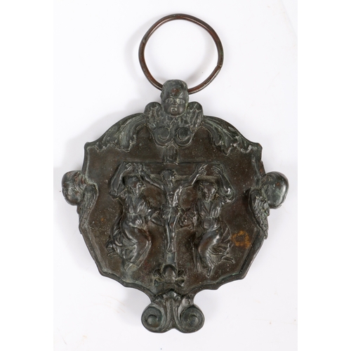 253 - A rare Queen Anne bronze Metalworkers' Guild plaque, dated 1703

 With large loop, atop a winged che... 