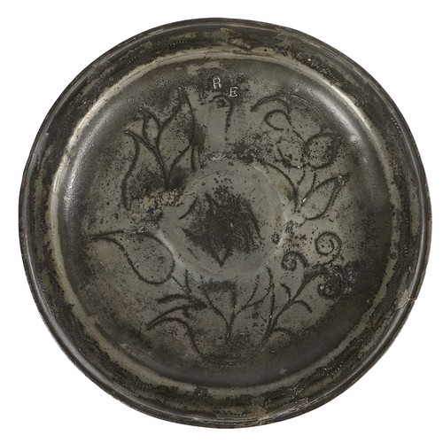 27 - A rare Charles II pewter wrigglework footed plate or tazza, circa 1685

 The plate with narrow reede... 