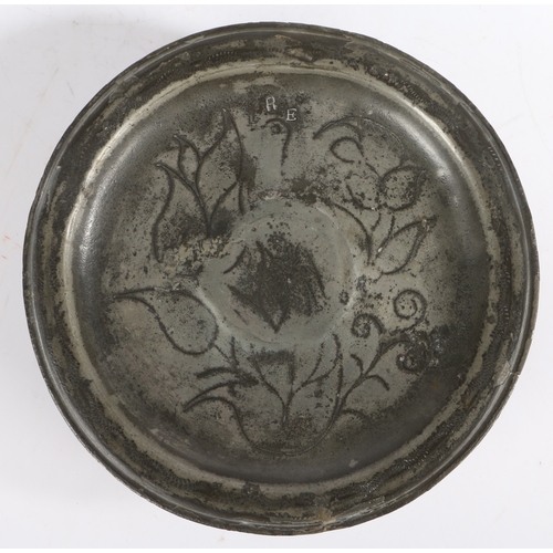 27 - A rare Charles II pewter wrigglework footed plate or tazza, circa 1685

 The plate with narrow reede... 
