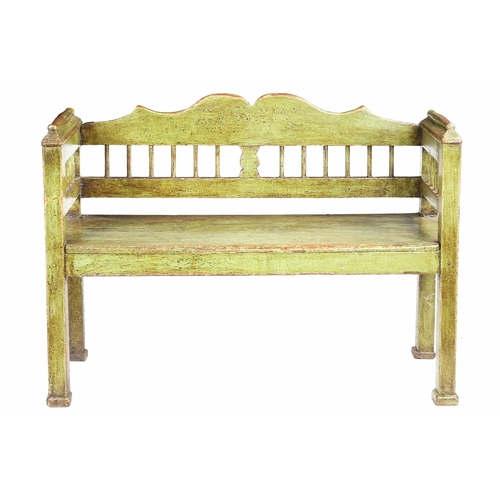 279 - A 19th century pine green-painted settle, Scandinavian

 The spindle-filled back centred by a balust... 