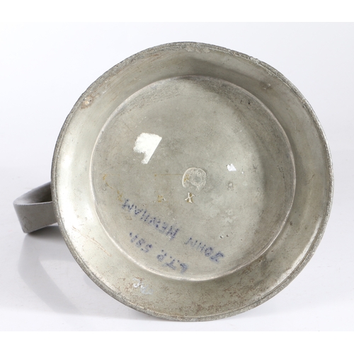 28 - A George I pewter spire flagon, circa 1715

 The straight-sided tapering drum with a high fillet, an... 