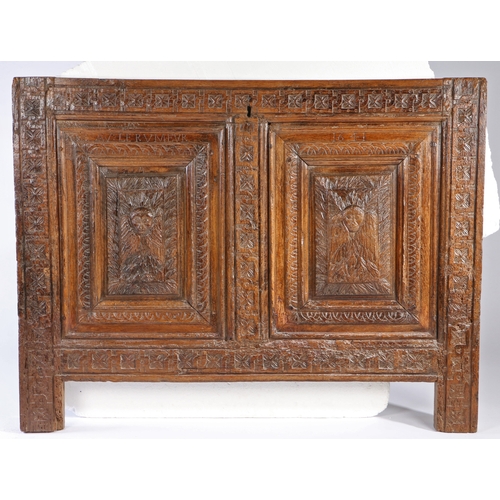 287 - A mid-17th century oak coffer front, named and dated 1641, Breton, France, possibly Tregor,

 Having... 