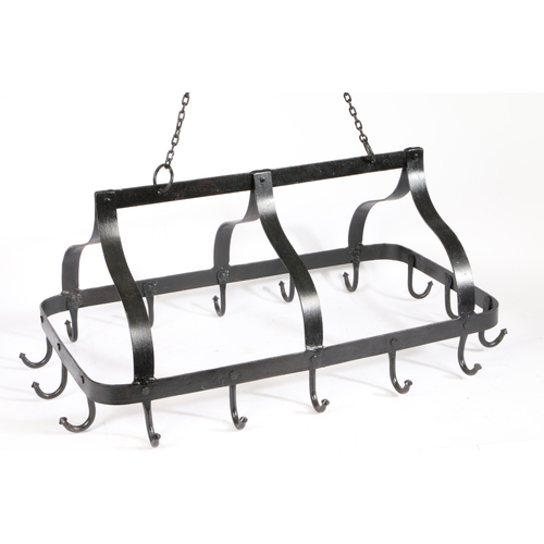 326 - A wrought iron 'canopy hanging pot or game hook

 The top strap with chain hanging, supporting thre... 