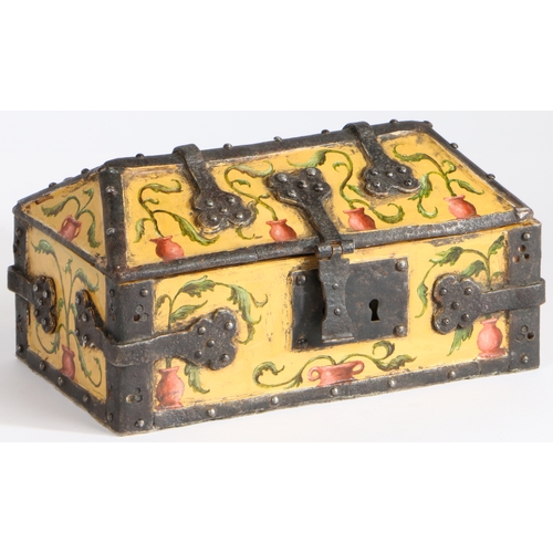 358 - A 13th/14th Century style coffret

 The lid of gabled-form, floral painted, with iron mounts, 29cm w... 