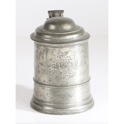 38 - Wool Guild, Norwich : A rare and fine George II pewter double domed-lidded straight-sided and engrav... 