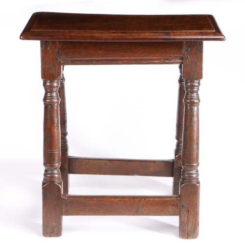 394 - A Charles II oak joint stool, circa 1660 and later

 Having an ovolo-moulded top, lower edge-moulded... 