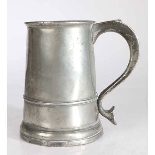 42 - A documented George II pewter OEWS quart straight-sided mug, with low single fillet, Bristol, circa ... 