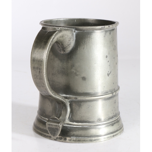 43 - A rare George I pewter straight-sided pint mug, circa 1725

 With raised low band to tapering drum, ... 
