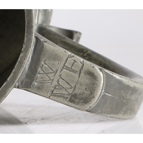 43 - A rare George I pewter straight-sided pint mug, circa 1725

 With raised low band to tapering drum, ... 