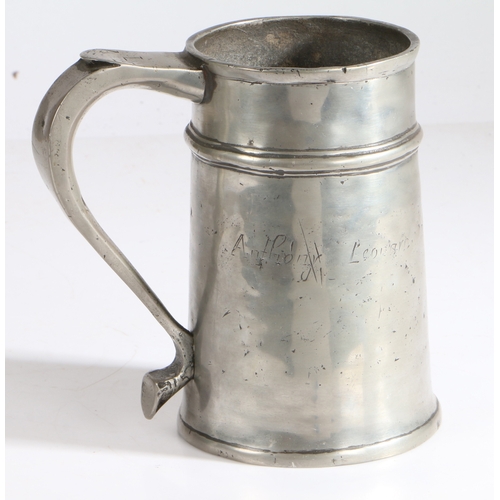 44 - A rare George I pewter quart high single-fillet straight-sided tavern pot, circa 1715

 Having a tru... 