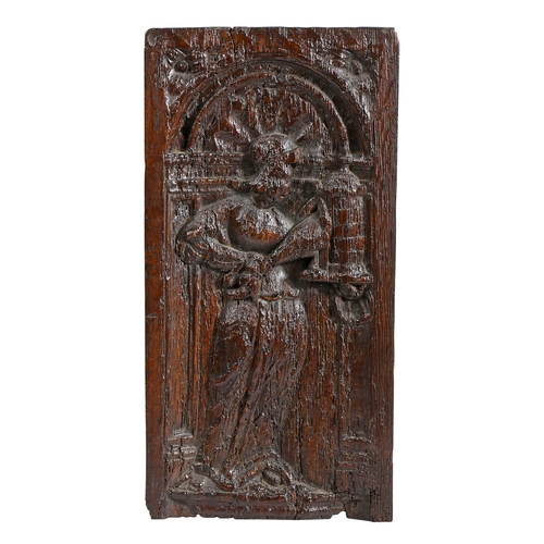 459 - A mid-16th century carved oak panel of St. Barbara, French, circa 1550

 The female saint standing w... 