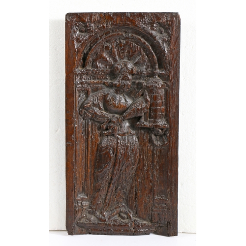 459 - A mid-16th century carved oak panel of St. Barbara, French, circa 1550

 The female saint standing w... 