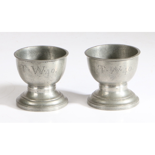 47 - A pair of George II pewter cup salts, initialled and dated 1740

 Each bowl having a flattened rim, ... 