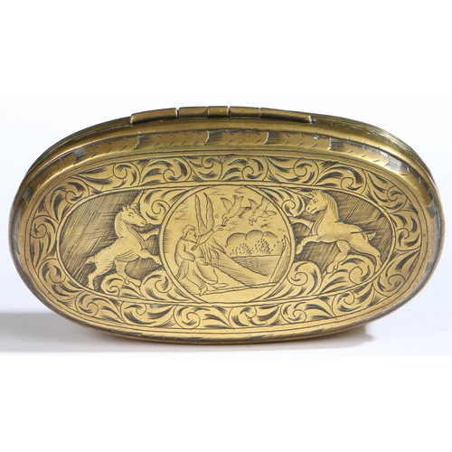 482 - A late 18th century brass engraved tobacco box, circa 1780

 Of oval form, the hinged lid centred wi... 