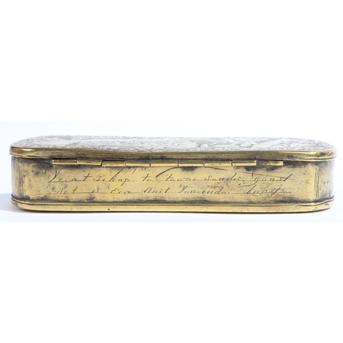 483 - A mid-18th century brass engraved tobacco box, Dutch, circa 1750

 Of rounded-rectangular form, the ... 