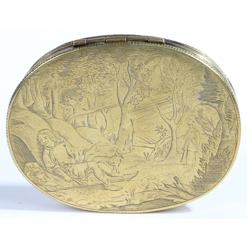 484 - An early 18th century engraved brass erotic tobacco box, Dutch, circa 1700-20

 Of oval form, the ... 