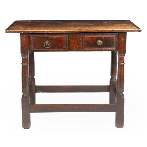 492 - A Charles II oak and yew side table, circa 1660

 Having an end-cleated twin-boarded top, single fri... 