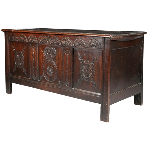 522 - An unusual Charles II oak coffer, Yorkshire, circa 1660

 The hinged lid of two wide boards with ovo... 