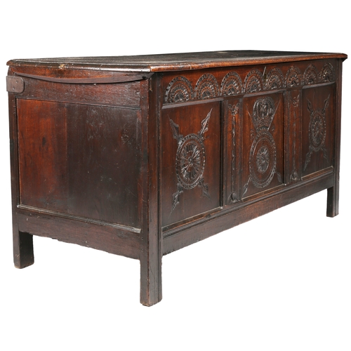 522 - An unusual Charles II oak coffer, Yorkshire, circa 1660

 The hinged lid of two wide boards with ovo... 