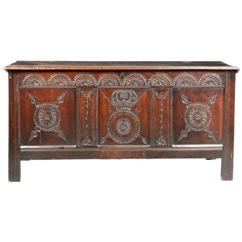 522 - An unusual Charles II oak coffer, Yorkshire, circa 1660

 The hinged lid of two wide boards with ovo... 