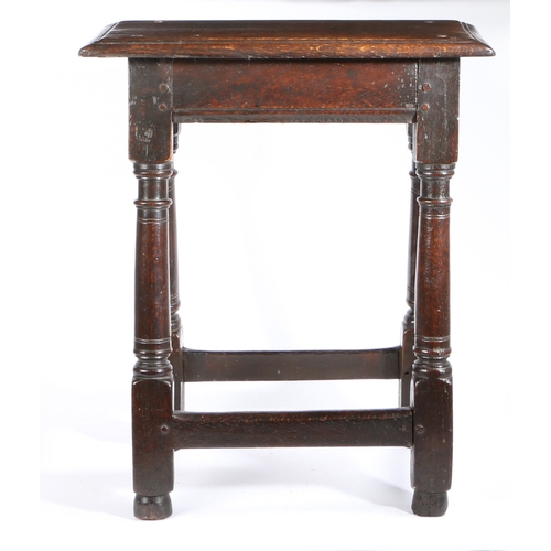 525 - A Charles I oak joint stool, circa 1640

 Having a triple-moulded top, plain rails with lower moulde... 