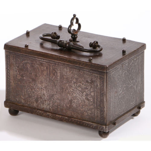 527 - A fine and small etched steel table casket, Nuremberg/Augsburg, circa 1600

 Of rectangular form, th... 