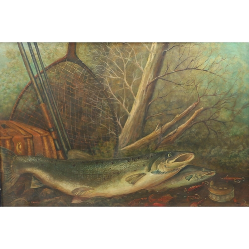 533 - L Parkin (20th Century)
 Fish on a Bank
 Signed (lower left), oil on board
 60 x 90cm (24