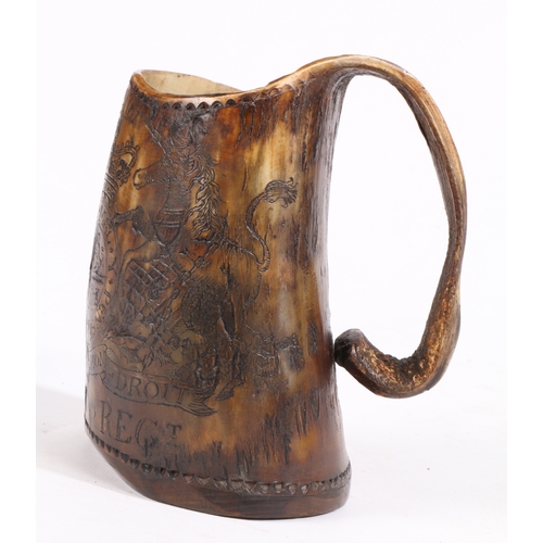 540 - An interesting early George III engraved horn tankard, dated 1761

 Engraved with the royal cypher, ... 