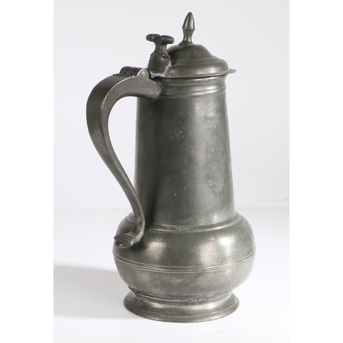 62 - A George II pewter OEWS gallon spouted acorn-shaped knopped flagon, York, circa 1750

 The body of t... 