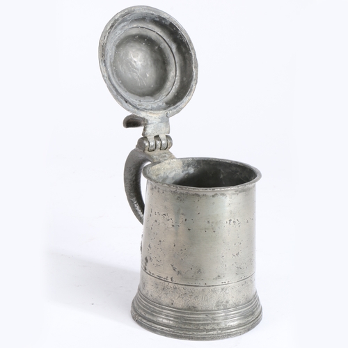 63 - A George II pewter OEAS pint domed-lidded straight-sided tankard, circa 1750

 The drum with low fil... 