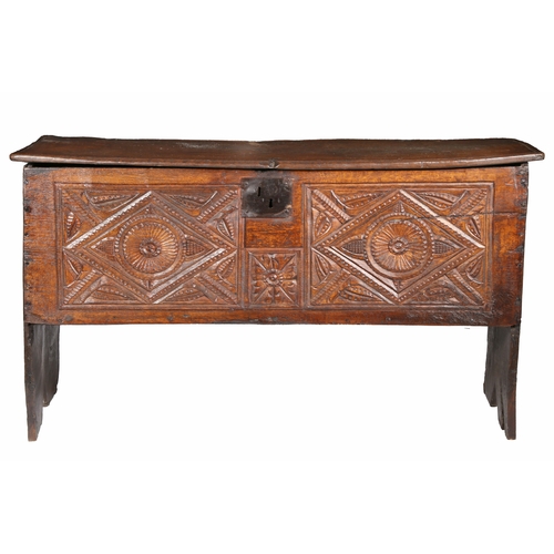 729 - A rare Henry VIII oak boarded chest, with traces of polychrome, circa 1540

 Having an impressive on... 