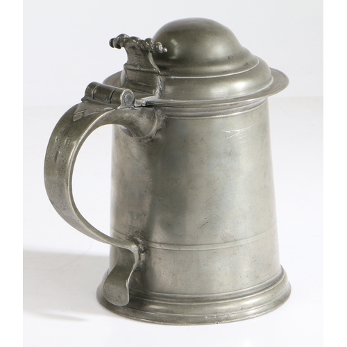 79 - A Queen Anne/George I pewter OEWS quart domed-lidded straight-sided tankard, attributed to Wigan, ci... 