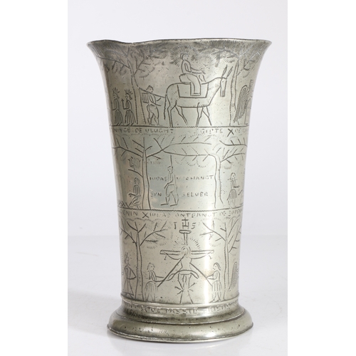 87 - A fine and interesting pewter wrigglework decorated beaker, Dutch, circa 1700-10

 Of typical tall, ... 