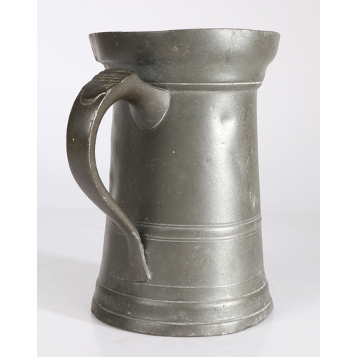 88 - A George III pewter OEWS quart straight-sided mug, converted to Imperial capacity by extending the l... 