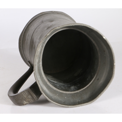 88 - A George III pewter OEWS quart straight-sided mug, converted to Imperial capacity by extending the l... 